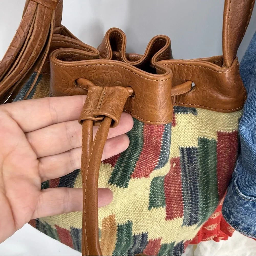 Vintage embossed, leather strap /trim, bohemian Multicolor Patterned Bucket Bag